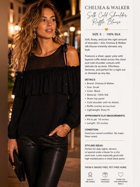 Chelsea & Walker Black Silk Cold Shoulder Ruffle Blouse Size 6